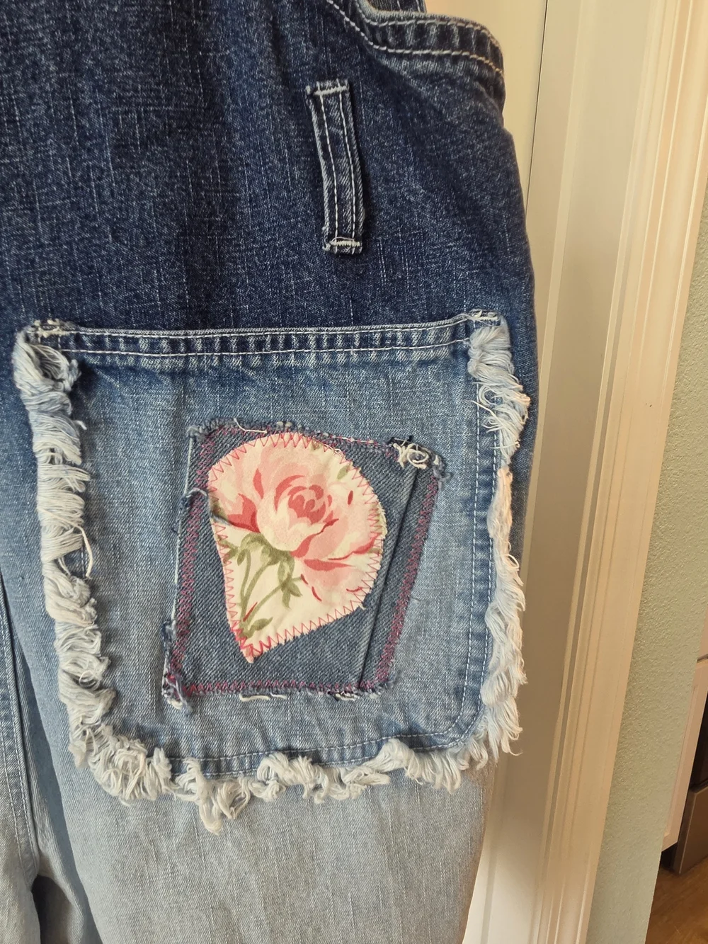 Vintage Route 66 Denim Short Overalls Floral Appliqué Boho Cottagecore Size 20
